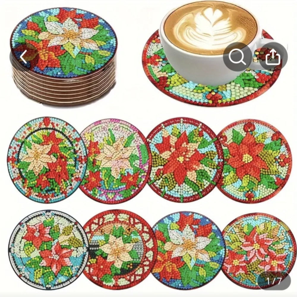 Finished Handmade Diamond Art Poinsettia Coasters Set of 8 Christmas